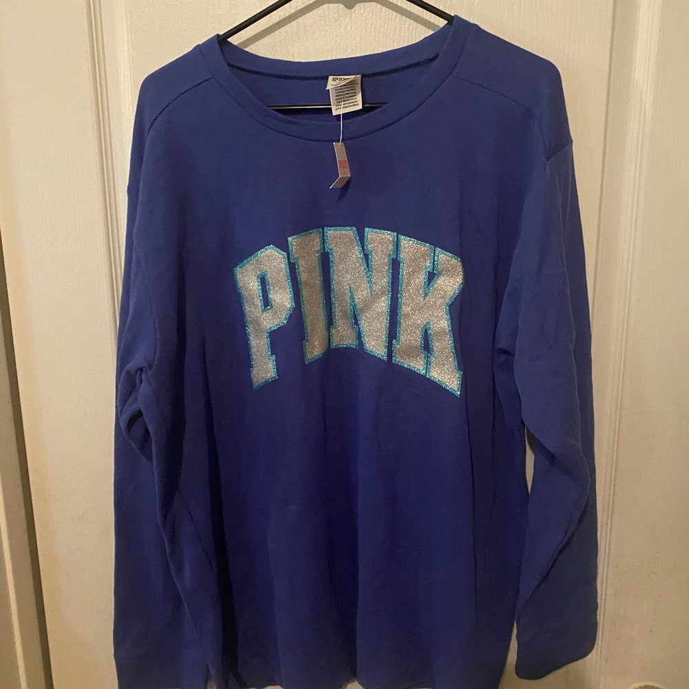 Victoria’s Secret PINK blue crew sweatshirt size large bling NEW